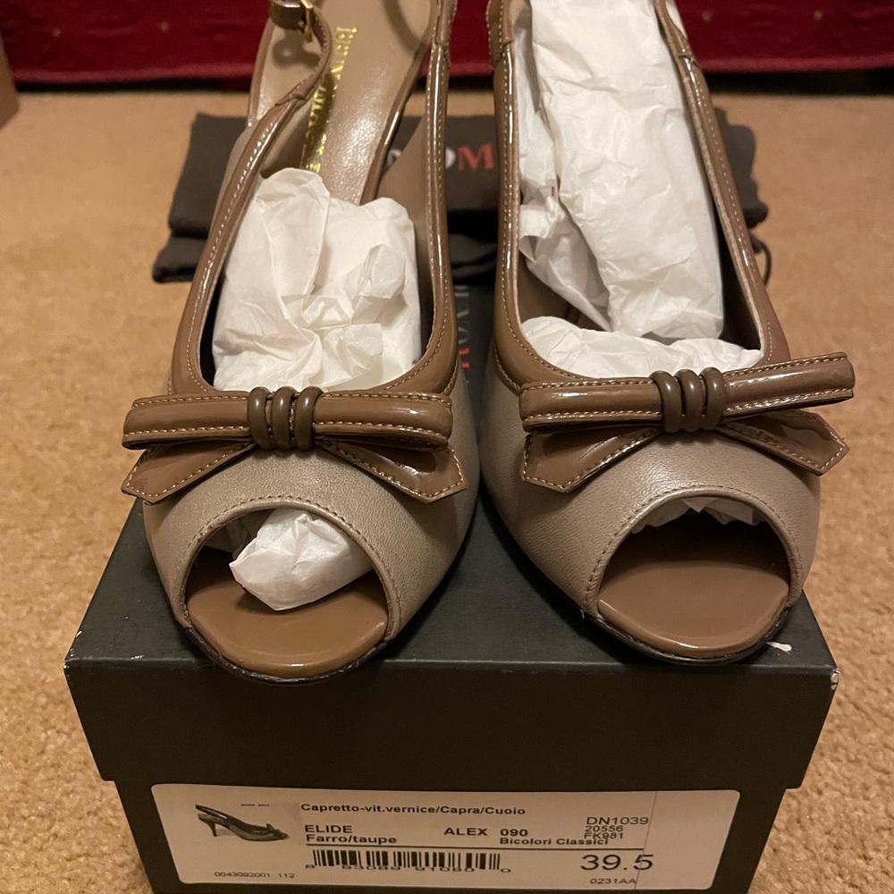 Bruno Magli Taupe and Brown Peep-Toe Heels